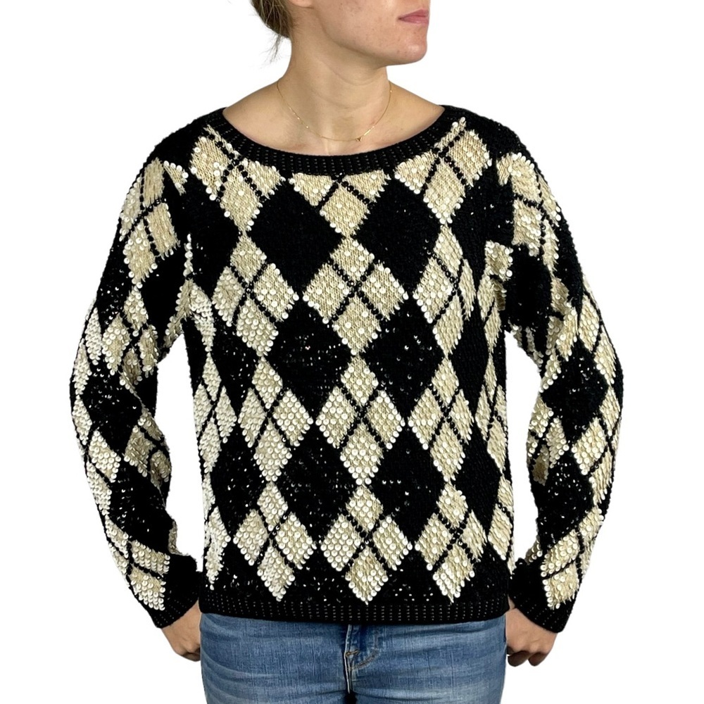 VINTAGE SEQUIN EMBELLISHED KNIT HOLIDAY SPARKLE ARGYLE PULLOVER EVENING SWEATER